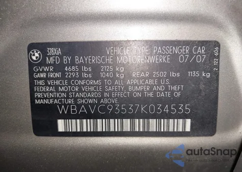 2007 BMW 328Xi from USA, damaged, VIN WBAVC93537K034535
